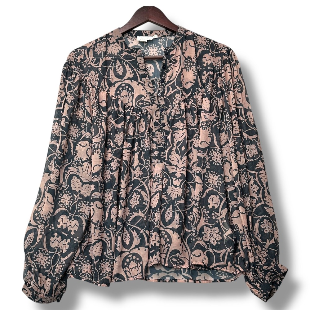 Let Me Be Anthropologie Peasant Top XS Black Floral Boho Cottagecore Earthy - Picture 2 of 8